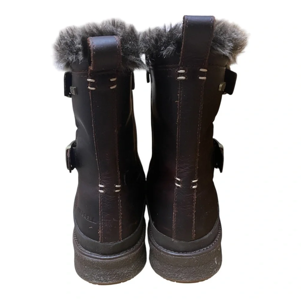 Merrell Womens Tremblant Ezra Zip Brown Boots Size 9 Faux Fur Winter Wet Ice